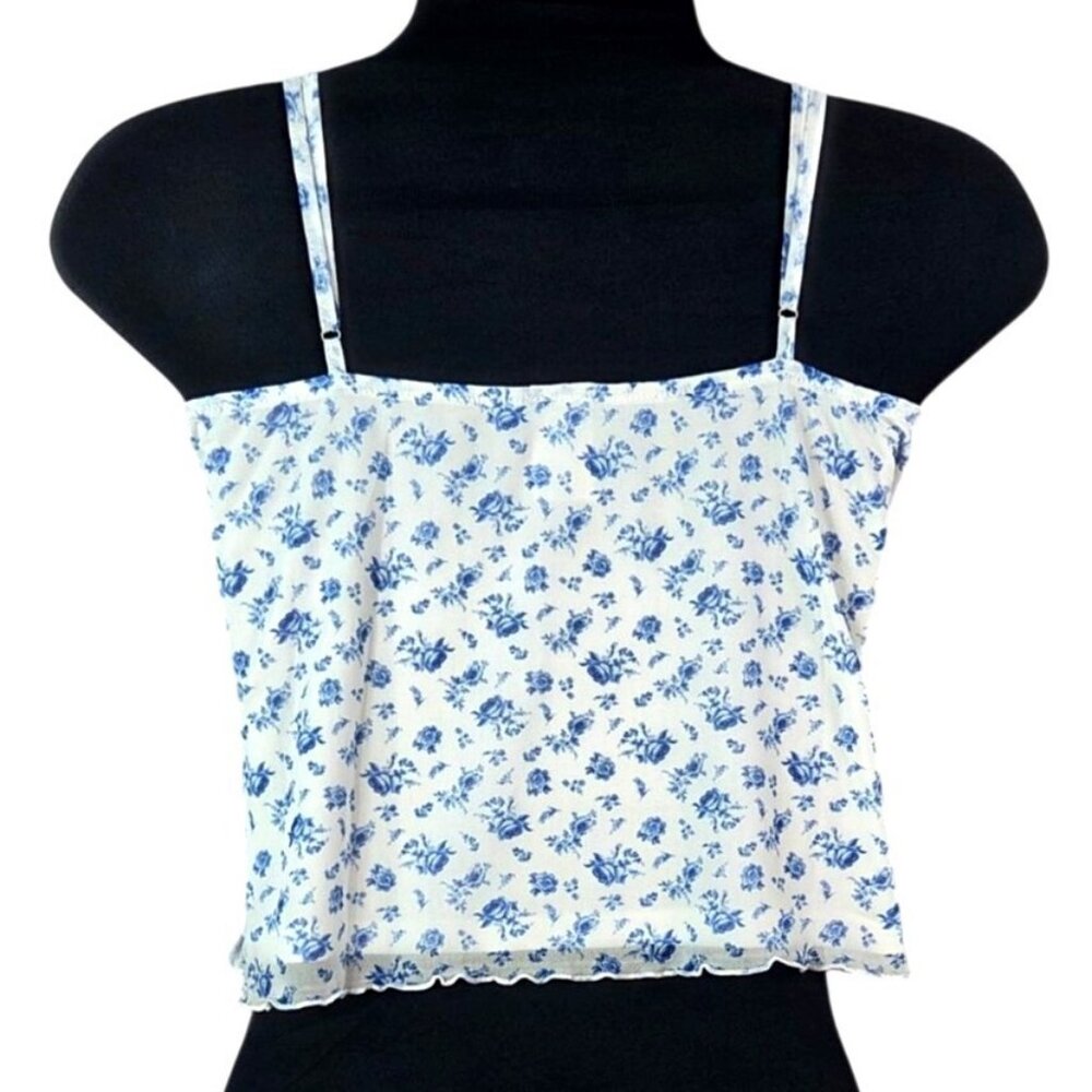 Abound Womens Sweet Mesh Lace Trim White & Blue Floral Camisole Top Lg NWT - Picture 2 of 9
